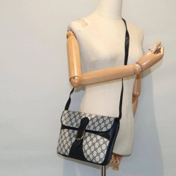 GUCCI GG Supreme Shoulder Bag PVC Leather Navy Gold Auth - Picture 1 of 16